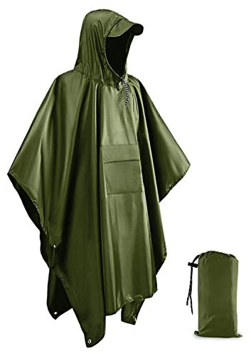 Victoper Waterproof Poncho Adult, Lightweight Reusable Rain Poncho Adult Waterproof for Outdoor Hiking Camping Cycling Traveling Waterproof Raincoat with Emergency Grommet Corners Army Green