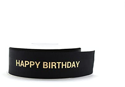 OMISS - Schleifenband Happy Birthday, Schwarz mit goldfarbener Schrift aus Satin und grobkörniger Körnung – Breite 22 mm – ideal für Ihre Dekorationen und Geschenke (schwarz)