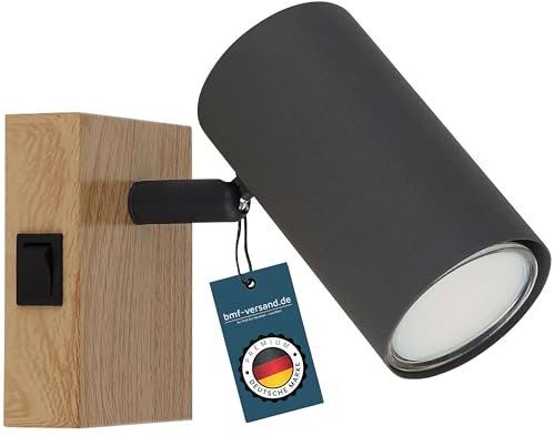 bmf-versand® Wandleuchte Innen Schlafzimmer mit Schalter - Wandlampe Wohnzimmer 1 Flammig Holz Optik Schwarz - Leselampe Wandmontage 1 Spot - Wandstrahler GU10 ohne Stecker
