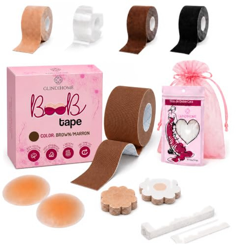 GLINDIHOME Cinta Adhesiva Pecho 5m. Incluye: 1 Rollo Boob Tape +2 Pezoneras Adhesivas Invisibles Reutilizables +36 Tiras Doble Cara Ropa +10 Pezoneras Tela +Bolsa. Sujetador Invisible.