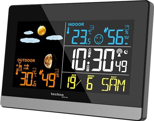 Techno Line WS6455 - Stazione meteo con temperatura interna ed esterna, umidità interna ed esterna, display LED colorato