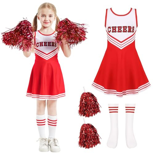 MAXHJX Cheerleader Kostüm Kinder Kleid: Faschingskostüme kinder Cheerleading - Cheer Uniformen mit Pompons Socken für Halloween Dress Up Fasching Party Kostüm (Rot, 150(10-11 Jahre))