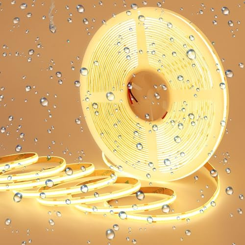 GOMING 24V 15M COB LED Streifen Warmweiss 3000K Wasserdicht IP65 LED Strip | 384LEDs/M Warmweiß LED Band Selbstklebend CRI 93+ Hohe Helligkeit 11000lm Lichtband für Heim Deko(Netzteil nicht Enthalten)