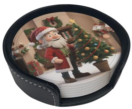 Lustiges Weihnachts-Untersetzer-Set aus hochwertigem Leder für Kaffeetisch, Teetisch, 6 Stück