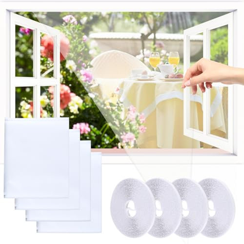 4 Stück Fliegengitter für Fenster, 130x150cm Insektenschutz Fenster, Selbstklebendes Moskitonetz Fenster mit 4 Rollen Selbstklebeband ohne Bohren, hält Käfer/Fliegen/Mücken Draußen(Weiß)