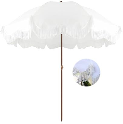 Weiß Gartenschirm Wasserdicht Groß Strandschirm Uv Schutz 180cm Sonnenschirm Mit Quasten Balkonschirm Neigbar Tischschirm Wasserdicht Höhenverstellbar Für Garten Terrasse Pool Balkon/8 Rippen Tragetas