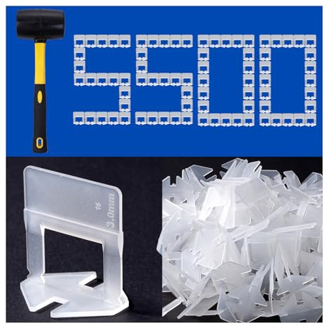 HeiLuon Tile Leveling System Clips Tiles Leveler Spacers Tile Clips 1/8 inch Tile Spacer 5500 Piece and 16 oz Rubber Mallet Hammer .Tile Tools Set for Professional Ceramic and Stone Installation