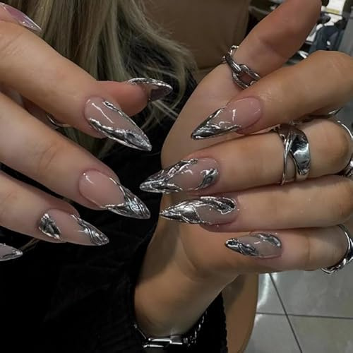 MouyouGlow Press on Nails Kurz,Almond Nude Chrome French 3D Silber Striped Cool Y2K Coquette Fake Nails with Nagelkleber,Fantasy Silver Künstliche Fingernägel
