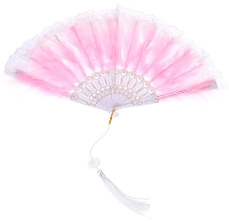sourcing map Feather Hand Fan Pink Vintage Folding Fan with Tassels Feather Fan Handheld 43x23cm for Halloween Party Wedding Dancing Decoration,1 Pcs