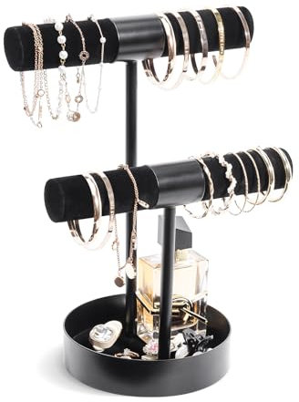 ProCase 2 Tier T-Form Samt & Metall Armbandhalter Ständer, Schmuckhalter Armband Aufbewahrung mit Metallsockel für Armreifen Armbänder Haarklammern Uhren -Schwarz