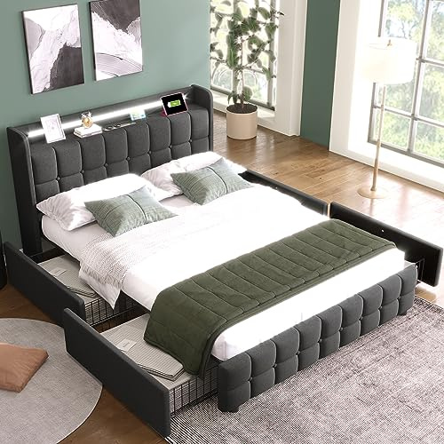 Ymkua Doppelbett Polsterbett 140x200 cm, Bettgestell Bett mit Stauraum und Lattenrost, Jugendbett Stauraumbett mit LED-Beleuchtung und 4 Schubladen, Bettrahmen mit USB-Ladekopfteil, Grau Ohne Matratze