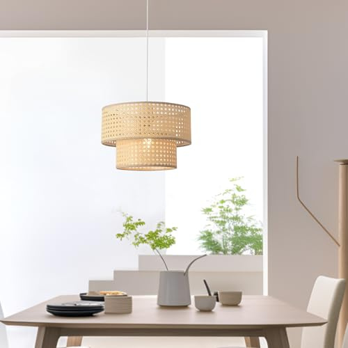 lux.pro Lampada a Sospensione con 2 Paralumi Cilindrici Lampada Pendente a Paralume Doppio Ø 30 cm a Forma Cilindrica per Soggiorno Cucina Sala da Pranzo - Effetto Rattan