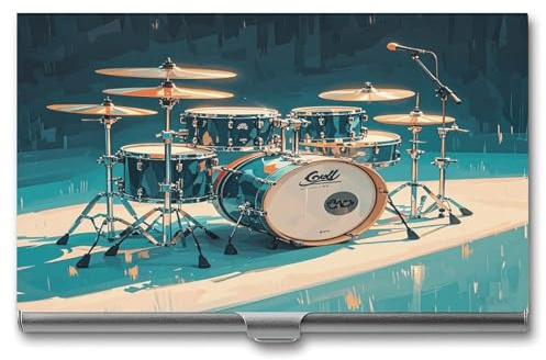 QWNMD Visitenkartenetui mit Schnalle, aus Metall, cooles Schlagzeug, bedruckt, schmal, für Visitenkarten, Herren und Damen, Cooles Drums Set