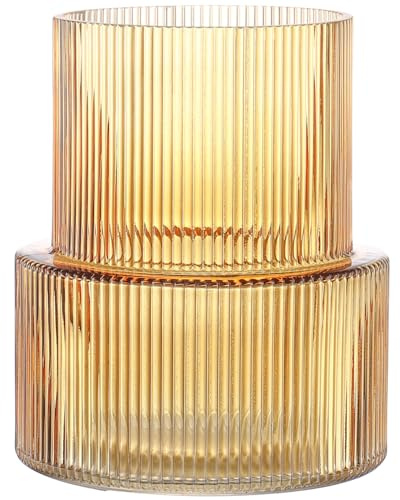 KAYLETIN Vase en verre ambré, vase nervuré pour fleurs, vase à fleurs pour tulipes, vases modernes pour salon, table à manger, entrée, cheminée, étagère, mariage, bureau, 19 cm