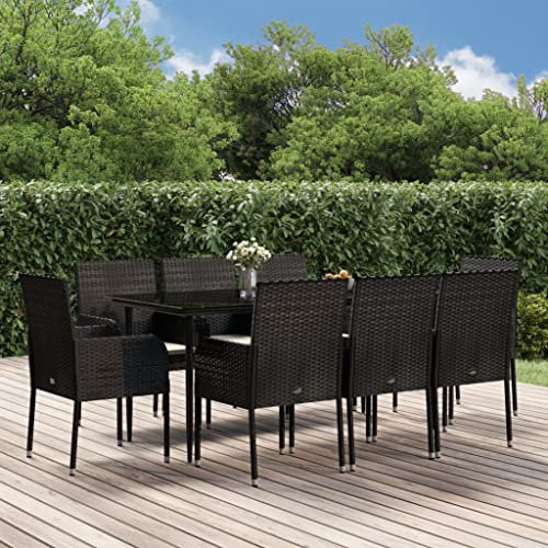 KTHLBRH 9-TLG. Garten-Essgruppe mit Kissen Schwarz Poly Rattan Balkonmöbel-Sets Gartenmöbel-Sets Outdoor-Möbel-Sets Terrassenmöbel-Sets für Terrasse, Garten, Balkon
