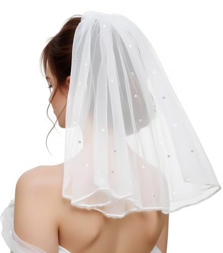 Yuanchu Eleganter Kurzer Brautschleier, Schleier Kurz Mit Strass,Weiß Braut Tüll Mit Kamm Hochzeitsschleier Hochzeit Kurzer Schleier Für Hochzeit JGA Junggesellinnenabschied Party Zubehör