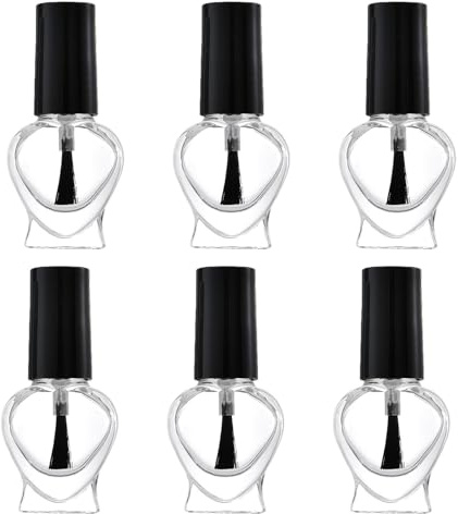 VASANA 6Pcs 10ml/0.33oz Empty Clear Glass Heart Shape Nail Polish Bottles with Black Brush Cap Refillable Fingernail Polish Sample Vials Travel Size Containers for DIY Nail Art