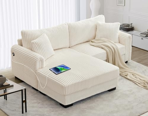 SUNWAVE L-Shaped Sectional Sofa, Oversized Loveseat Corduroy Couch with Reversible Chaise, USB Charging Port, Side Pocket, Deep Seat Corner Couch for Living Room, Apartment (Ivory)