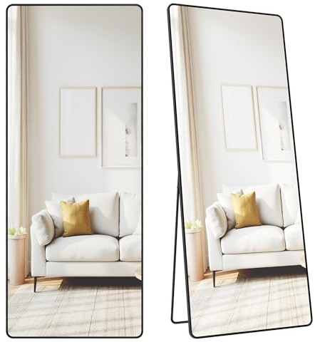 SONGMICS Specchio a Figura Intera, 165 x 60 cm, Specchio da Terra Rettangolare con Supporto, Cornice in Lega di Alluminio, Vetro Temperato, Camera da Letto Soggiorno, Nero Inchiostro LFM038BD01