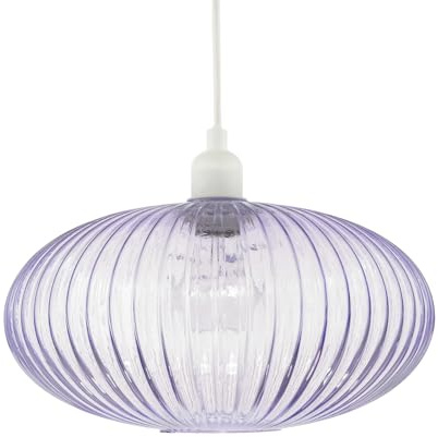 Modern Designer Soft Purple Lilac Line Ribbed Glass Oval Pendant Lamp Shade | 30cm x 17cm | for Kitchen Island Living Room Bedroom Dining Room etc by Happy Homewares