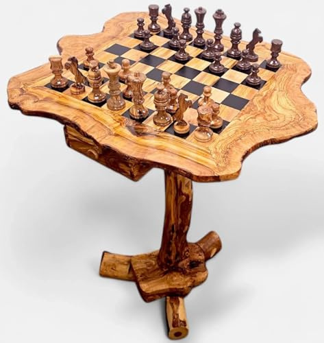 Verdant Grain Olive Wood Chess Table with Drawer – Hand-Carved Rustic Chess Set with Wooden Pieces – Unique Artisan Game Table