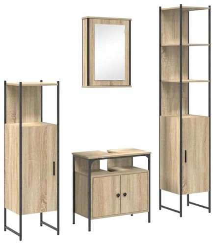 vidaXL Juego de Lavabo de baño en Roble Sonoma, con un Estilo rústico en Madera y Metal. Mide 33 x 33 x 185.5 cm e Incluye Cabina, Espejo, estantes y Amplio Espacio de Almacenamiento. Se Monta en la