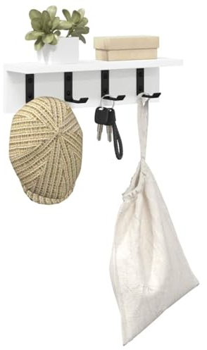vidaXL Appendiabiti a Muro con Lo scaffale Bianco 40 x 10.5 x 10.5 cm, Mensola per corridoio, Organizer da Parete, Storage Moderno, Ganci, Appendiabiti e Porta Chiavi
