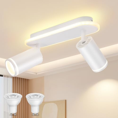 URing LED Deckenstrahler 2 Flammig Schwenkbar GU10 Deckenlampe Weiß | inkl. 2x 5W GU10 Lampe, 3000K Warmweiß, Leuchtende Sockelschiene, Deckenleuchte Strahler Modern Deckenspots für Küche Flur