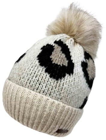 Faera Leopard Strickmütze Wintermütze Bommelmütze Fleece gefütterte weiche warme Mütze Kunstfell Leo