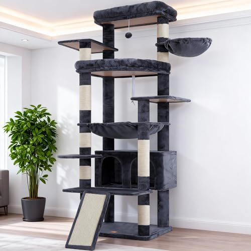 Heybly Kattklätterträd 202 cm - Stort Kattklättringsträd med 2 Extra Stora Plattformar, Kattkoja, Korg, Sisalrep, Klösbräda & Hängmatta för Vuxna Katter i, Rökgrå Färg HCT038G