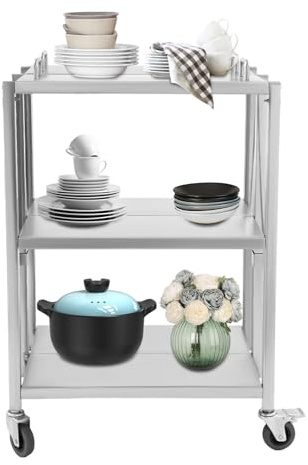 SHIOUCY Carro de servir con ruedas plegable 3 bordes 100 kg carga estática 30 kg para cocina, bar, café, 63 x 40 x 95 cm