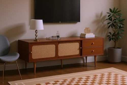 Merax TV Schrank 160 cm, Lowboard mit 2 Schubladen und 2 Schiebetüren, TV Board für Wohnzimmer, modernes Möbelstück für Fernseher bis 70 Zoll, Walnuss MDF und Rattan-Design