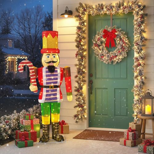 COSTWAY 170 cm Weihnachten Nussknacker Figur groß, beleuchtete Weihnachtsdeko mit Zuckerstange, Weihnachtsfigur Soldat mit 110 LED-Lichtern, Weihnachtsbeleuchtung für außen und innen