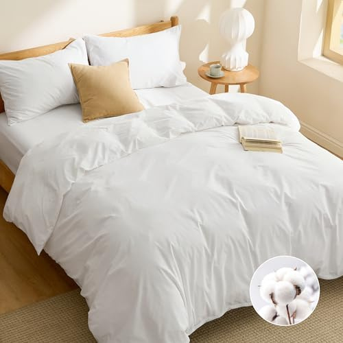 BEDSURE Bomull sängkläder dubbel vit – 1 påslakan 200 x 200 cm + 1 örngott 50 x 75 cm, Öko-Tex sängklädesset vit med dragkedja