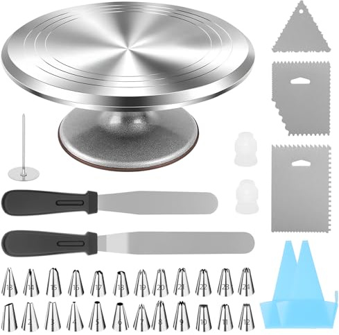 12 Inch Cake Spinner Turntable Aluminum Alloy Rotating Cake Stand Cake Decorating Turntable, Professional Cake Decorating Kit with 24 Nozzles & Icing Tools - Ultimate Baking Set for Beginners & Expert