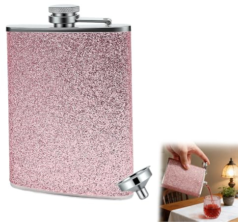 8 Oz Hip Flask, Hip Flasks for Women, Portable Hip Flasks for Men, Pink Stainless Steel Hip Flask, Pink Sparkling Pocket Flask for Camping, Barbecue, Bar, Party, Drinking