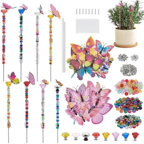 OLYCRAFT 276pcs Beaded Garden Stakes Kit DIY Butterfly Garden Stakes Kit Included 8pcs Threaded Rods 8pcs Crystal Top 24pcs Butterfly Decoration 200pcs Colorful Beads for Outdoor Courtyard