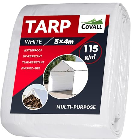 COVALL Telone Impermeabile per Esterno 3x4m, HDPE 115g/㎡ Rinforzato con Occhielli, Anti-UV, Copertura per Piscina, Auto, Mobili da Giardino, Bianco