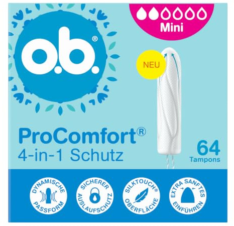 ob. ProComfort mini 4-i-1-skyddstamponger (1 x 64 st.) med extra mjuk spets för enkel insättning och upp till 100% läckageskydd, perfekt för sport och vardag