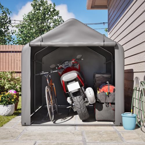 Fahrradgarage mit Rolltor 160x220x165cm, wetterfester PE-Geräteschuppen für Fahrrad, Motorrad & Gartengeräte – Platzsparender Fahrradunterstand für Garten, Terrasse, Hof, grau