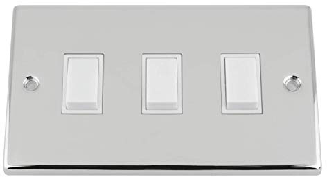 Slimline Polished Chrome Switch 3 Gang White Insert Plastic Rocker Switch (Double Plate)