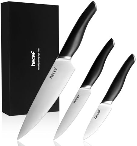 hecef Messerset, 3 tlg Küchenmesser Set mit Full-tang und Doppelbloster-Konstruktion, Scharfe kochmesser profi messer | 20cm Chefmesser, 12,7cm Allzweckmesser, 8.9cm Schälmesser