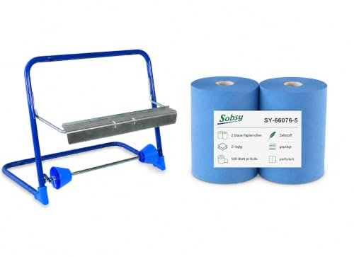 Sobsy Industrie-Putzrollen SET, 2x 500 Blatt mit Wandhalterung | Blaue, 2-lagige Putzrollen mit hoher Saugkraft und stabilem Metallhalter - für Werksatt, Industrie, Handwerk und Gastronomie