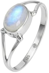 mantraroma Edelstein Ring Damen Regenbogen Mondstein 925 Silber – ovaler Ring 5 x 7 mm, schlicht modern elegant Damenschmuck