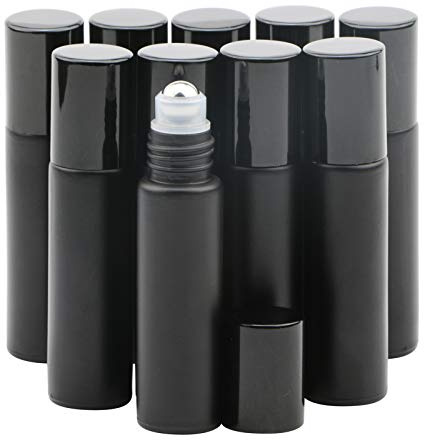 Rowiz 10pcs Small Glass Roller Bottles, 10ml Glass Roll on Bottles | 1/3oz Thickened Glass Roll-on Bottles for DIY Essential Oils, Perfume, Travel, Refillable, Leak-proof, Portable-Frosted Black
