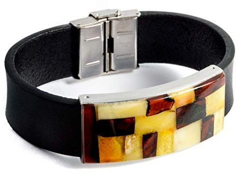Baltic Amber Jewelry for Women, Men, Unisex - Handmade Baltic Amber Bracelet with Genuine Leather Band, Stainless Steel Clasp - Slightly Adjustable, up to 8.1 in Wrist Size