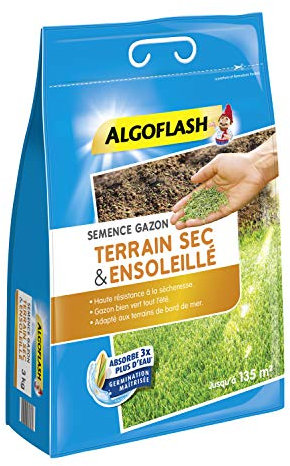 ALGOFLASH Semence Gazon Terrain Sec et Ensoleillé, 3 Kg, Jusqu'à 135 m², SEMSOL3