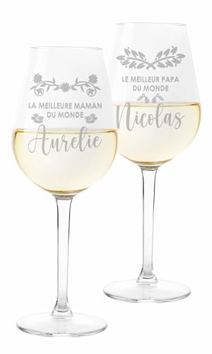 Colorfamily Paire de Verres à Vin Personnalisés - Set de 2 Verres avec Nom Maman Papa Meilleurs du Monde - Verre en Verre de 500 ml