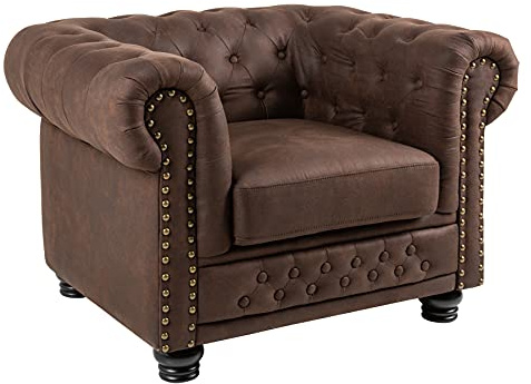 Sessel CHESTERFIELD - 110cm - vintage braun - Microfaser Federkern | Armlehne, Rundumbezug, Knopfheftung, Nietenbesatz, Ziersteppung, hoher Komfort, pflegeleicht, langlebig