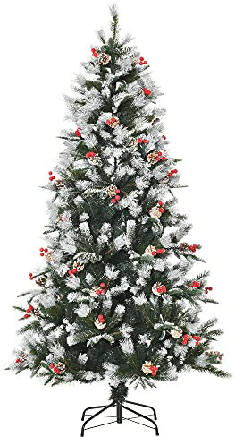 HOMCOM 6FT Artificial Snow Dipped Christmas Tree Xmas Pencil Tree Holiday Home Party Decoration with Foldable Feet Red Berries White Pinecones, Green